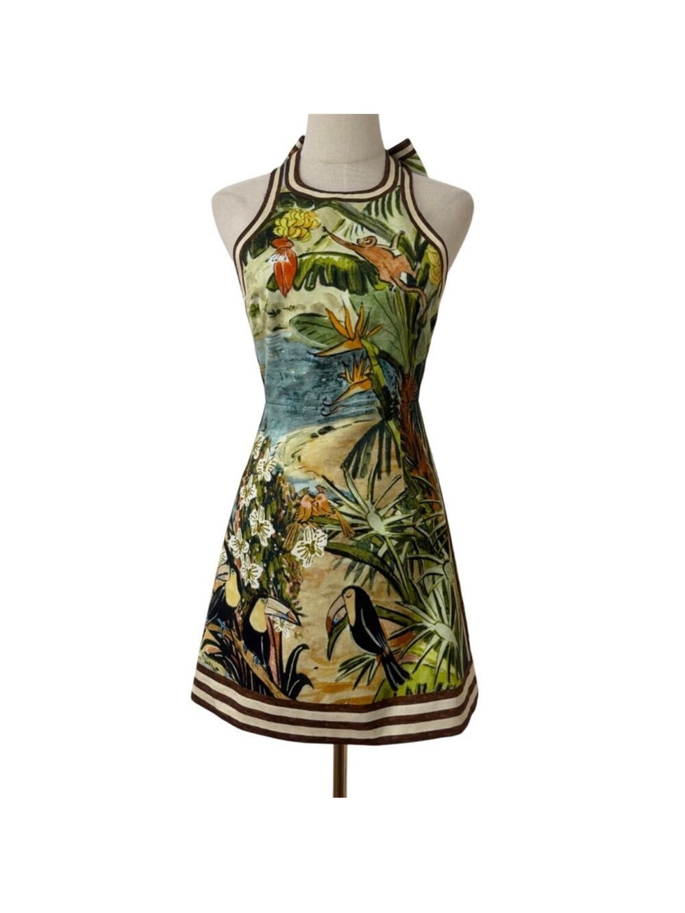 Alemais Tropical Halter Mini Dress in Green, Blue, Brown - Picture 2 of 7